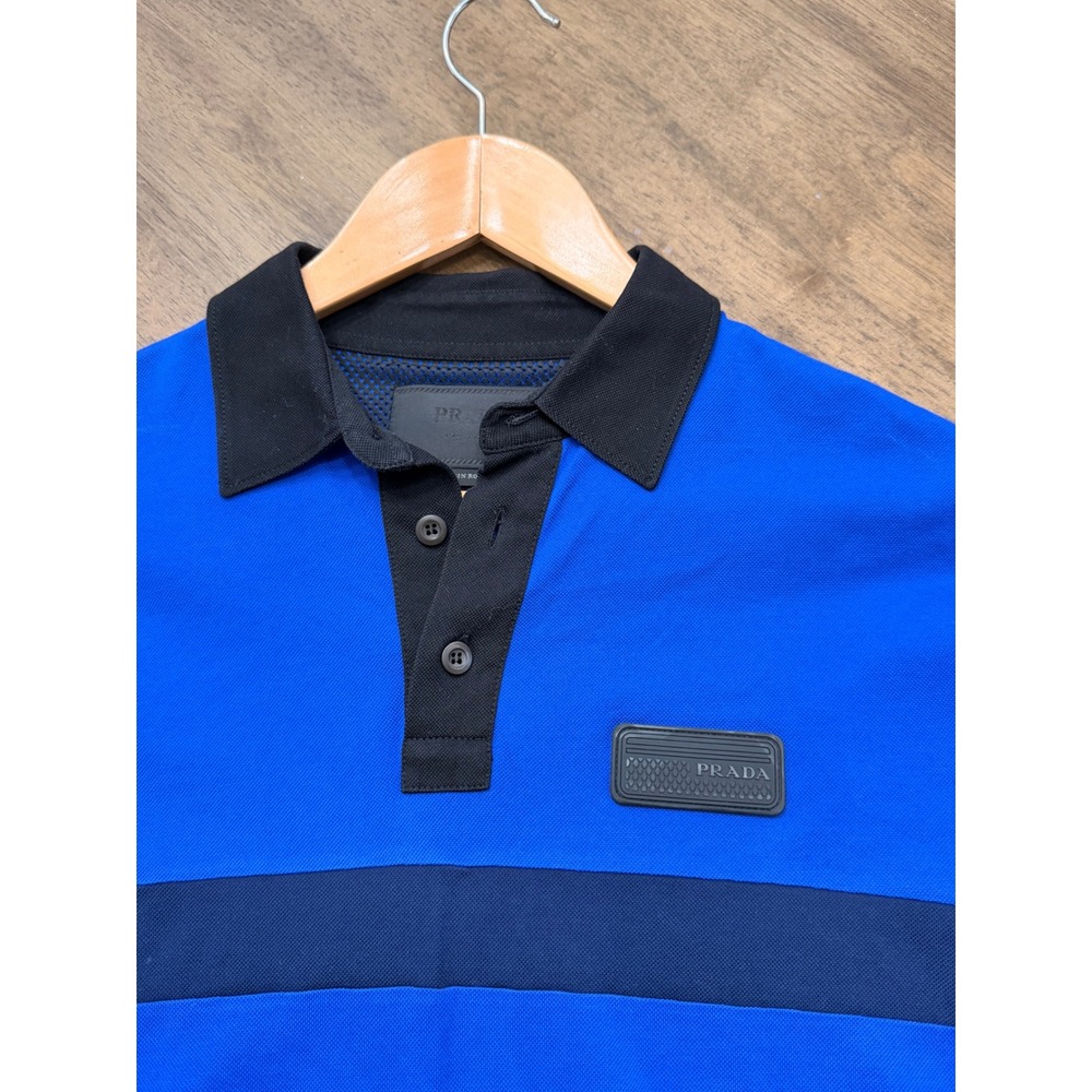 Prada Mens Blue Colorblock Pique Polo Shirt Rubber Logo Patch Made in Romania